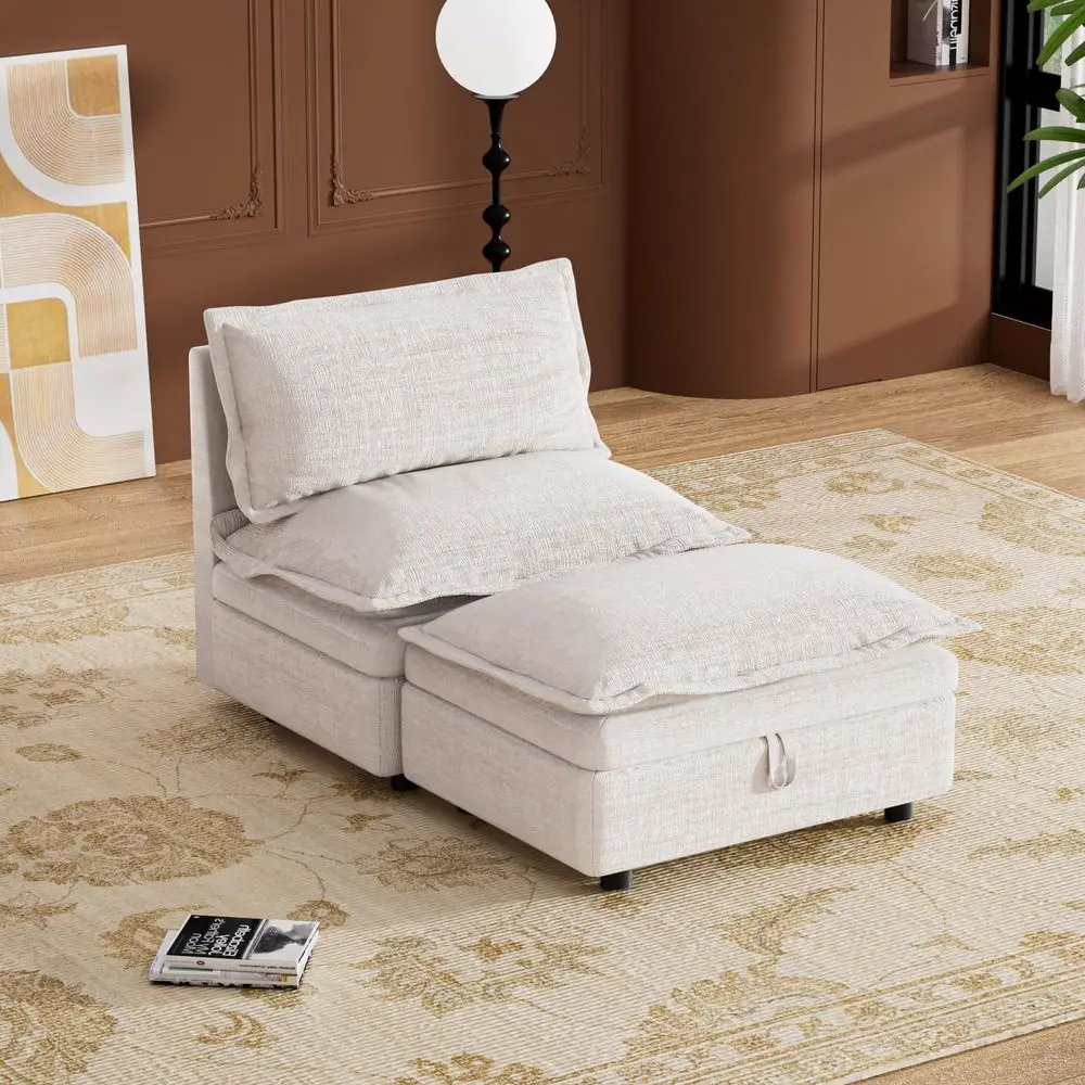 Armless Sofa with Ottoman, Chenille Upholstered Chaise Lounge Comfy Armless Accent Chair and Ottomans with Storage, Reading Chai