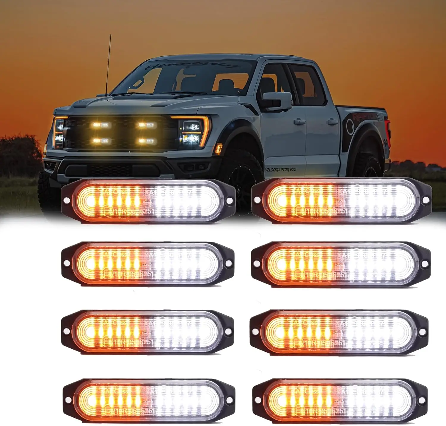 

8PCS 12-LED Amber/White Emergency Strobe Lights, 22 Flash Patterns with Sync & Memory, Waterproof Surface Mount Warning Lights