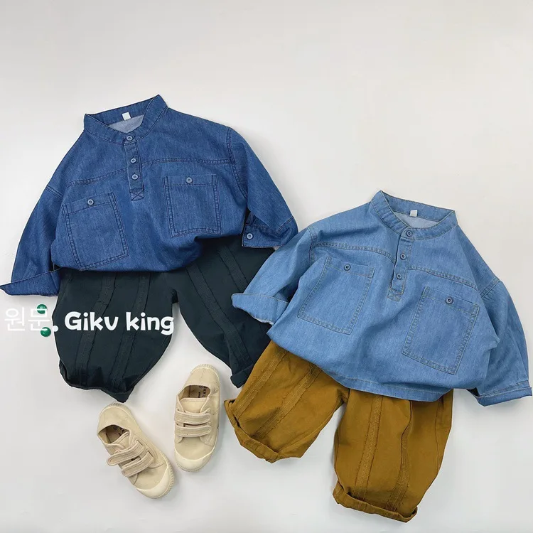 Coreano bambini ragazzi top collo alto allentato manica lunga tasca grande Casual Denim bambini ragazzi camicie bambino ragazzi pullover