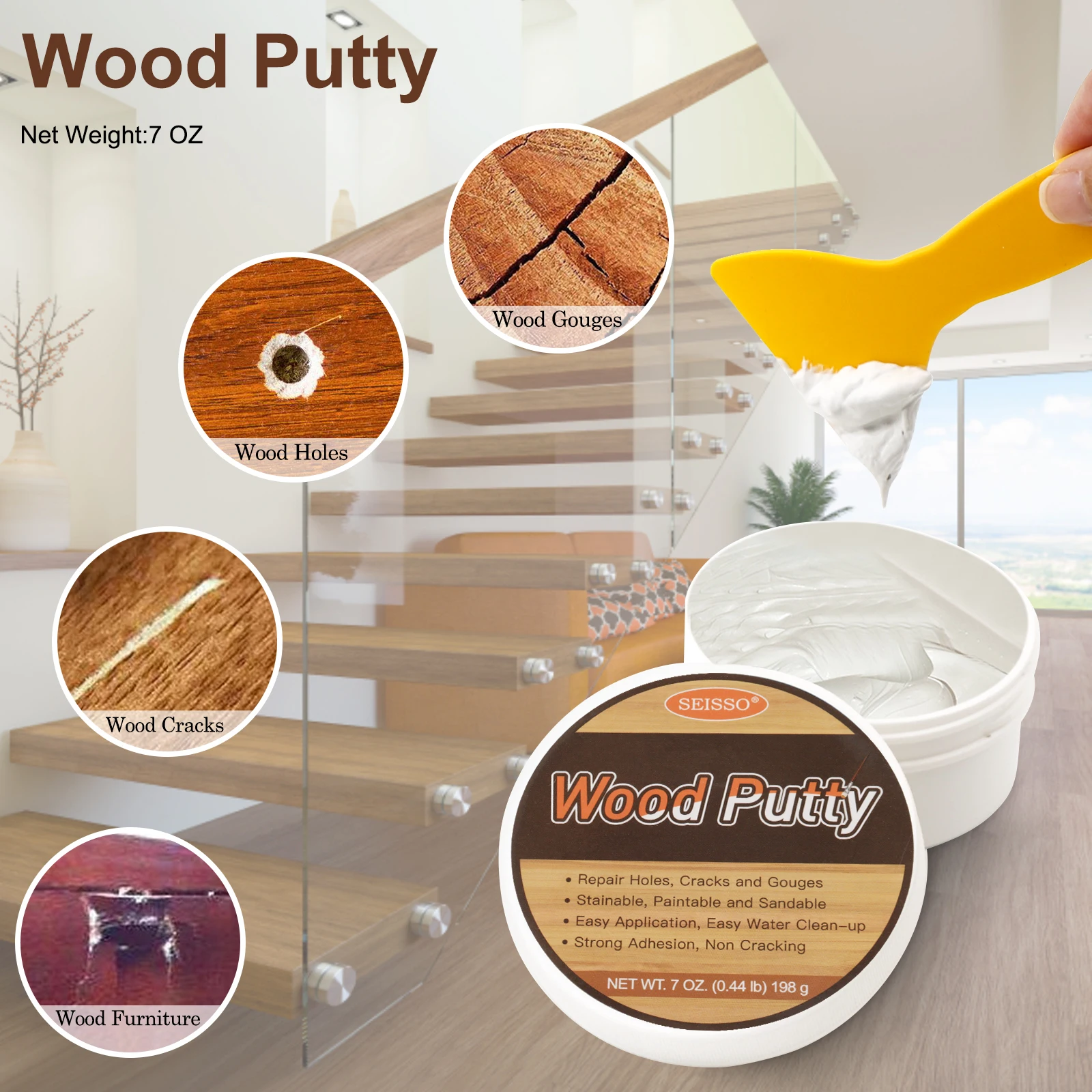 SEISSO Wood Putty, Water-Based Wood Filler, White Wood Putty for Trim, Wood Filler Paintable, Stainable, Wood Furniture Repair