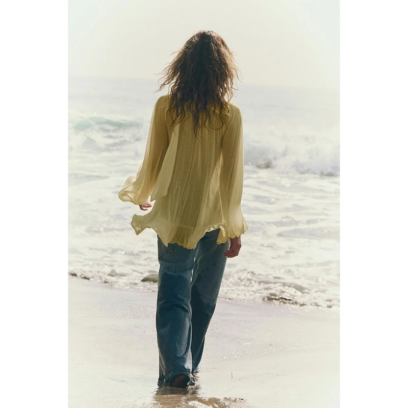 Combhasaki Vrouwen Sheer Mesh See-through Shirt Tops Lantaarn Lange Mouw V-hals Ruche Trim Blouse met Sjaal Beachwear Cover-ups