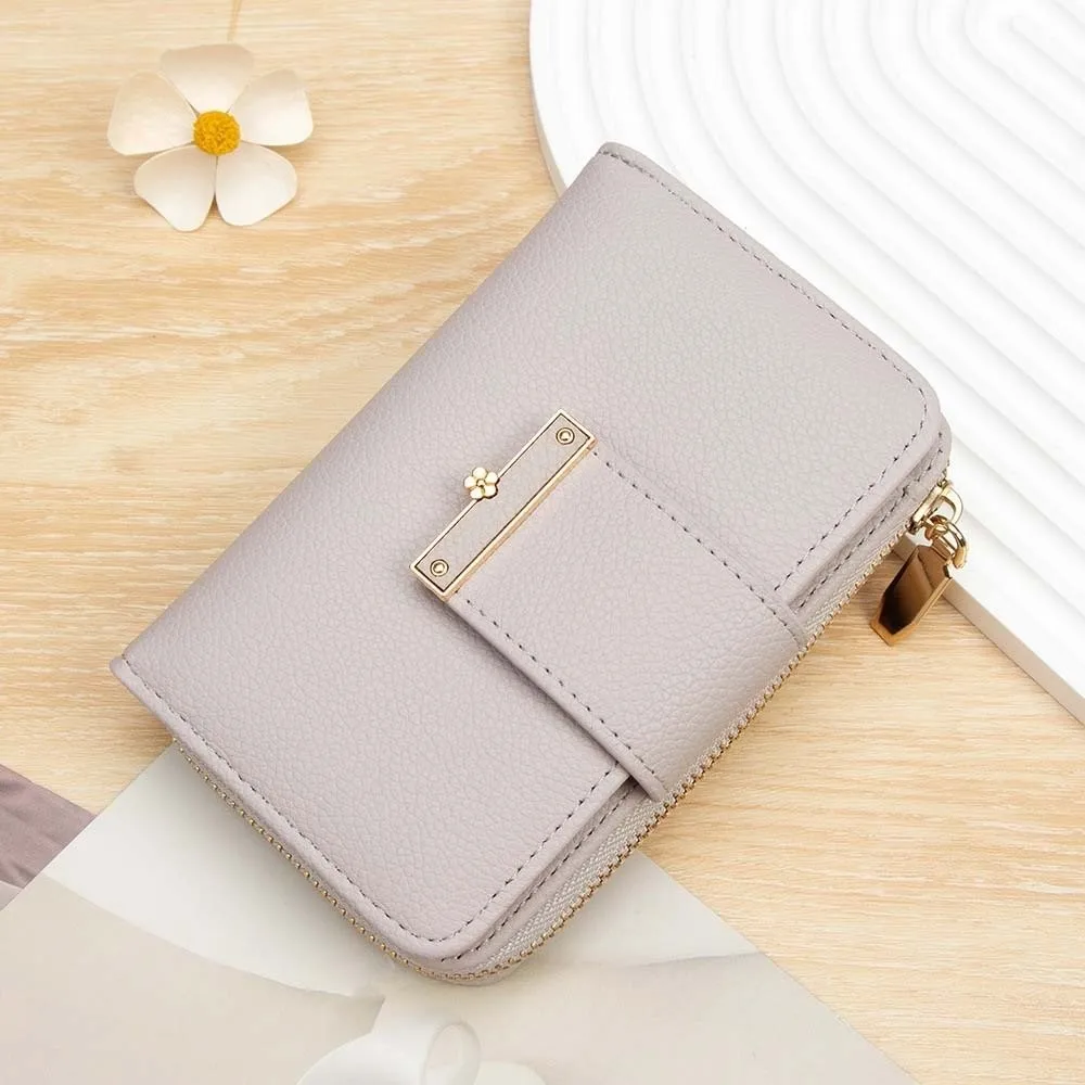 

Portable Solid Color Wallet Polyester Anti-splash Water Women Card Bag Flower Multiple Card Zipper Leather Purse Daily