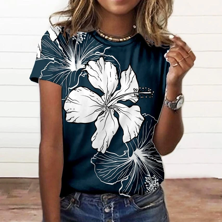 Camiseta con estampado Floral 3d para mujer, Tops de talla grande, ropa para todos los días, camiseta de manga corta para mujer