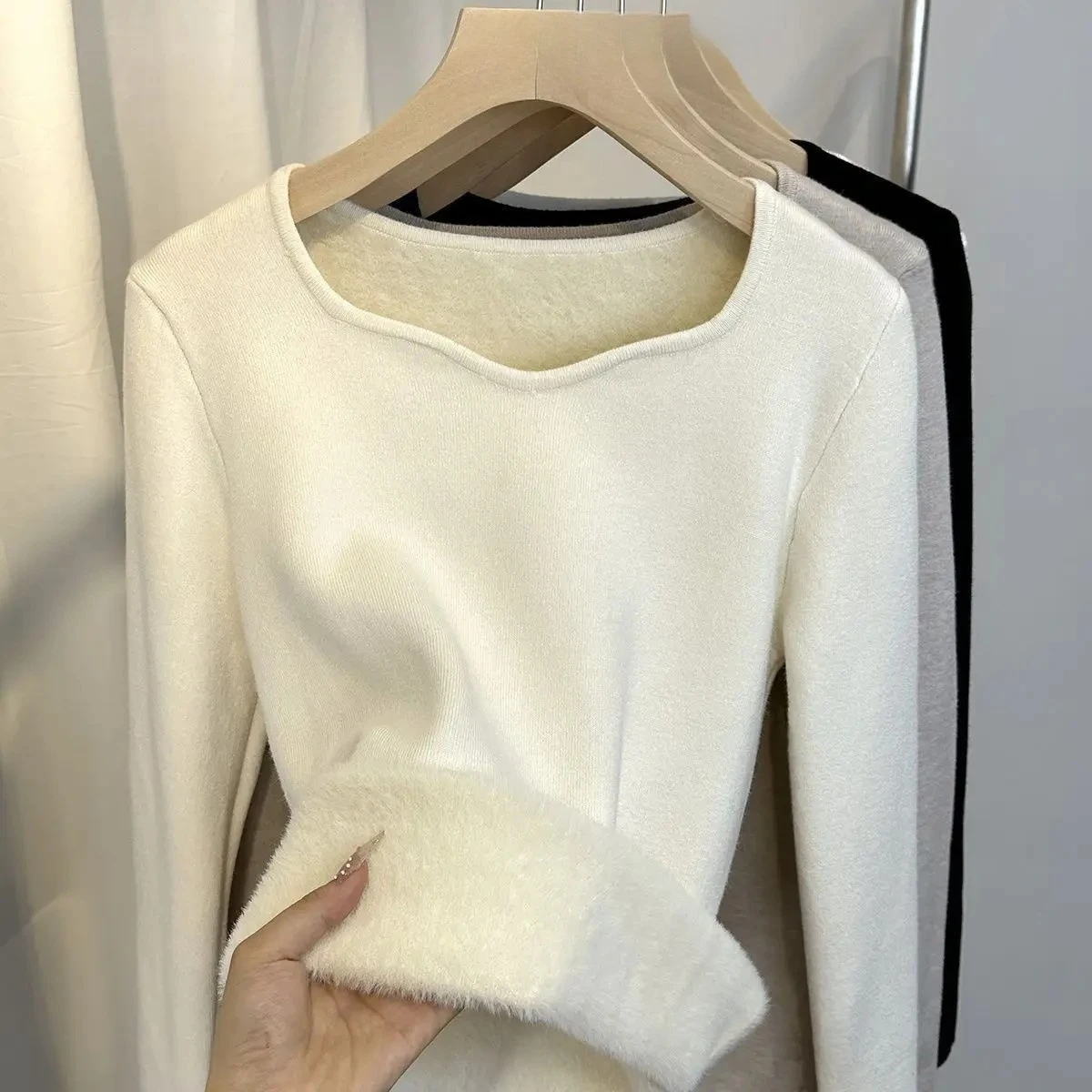 

Женский теплый фланелевой свитер с квадратным вырезом, толстая подкладка, тонкий уникальный дизайн и эффект похудения, осень/зима