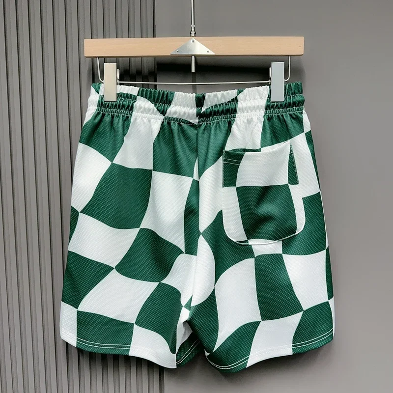 Checkered Mesh Polyester Shorts Black Green Orange Men Women Summer Breathable Loose Casual Drawstring Sports Shortpants