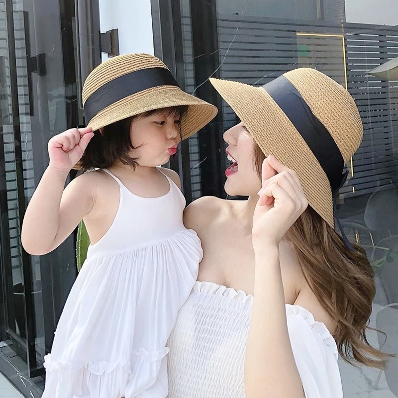 2pcs Summer Sun Protection Hat for Mother&Kids Travel Sunscreen Sun Hat Straw Hat Children\'s Korean Version Girls Beach Dome Hat