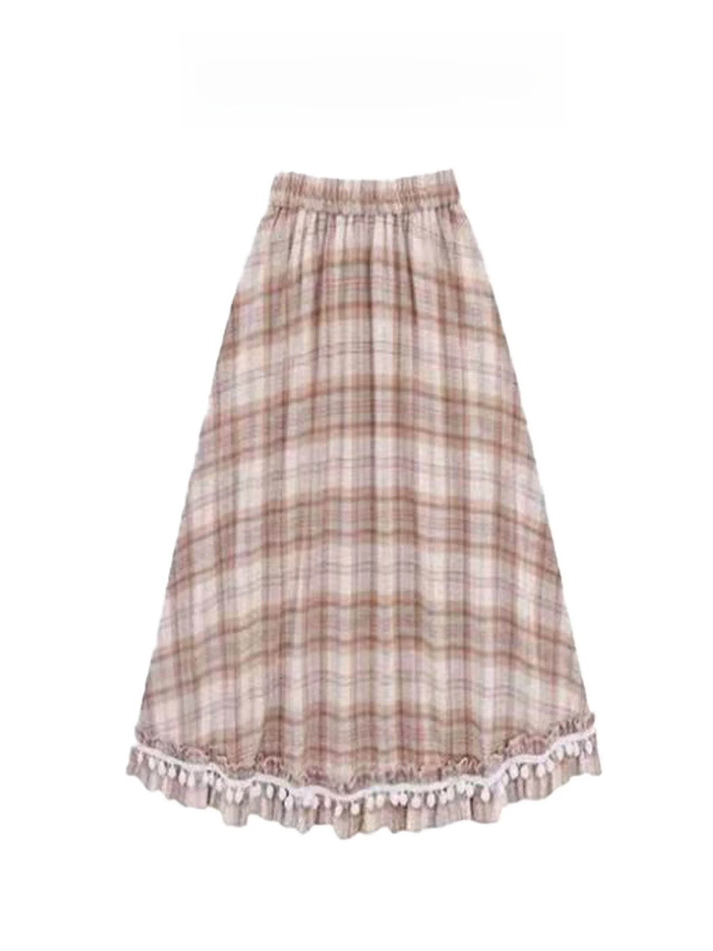 

Retro High Waist A-Line Midi Skirt with Faux Fur Balls Sweet Plaid Design for Women Autumn Winter Slimming Sle Commute