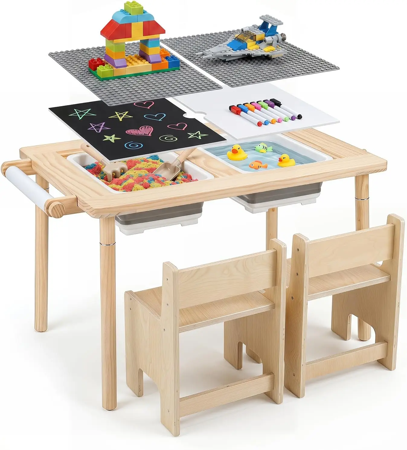Sensory Table and Chair Set, Wooden Sand & Water Activity Set W/Adjustable Height, Dual Sided Top, 2 Bins, Paper Roll & 2 Hooks for Art, Study, Craft, Gift for Boys Girls 3+