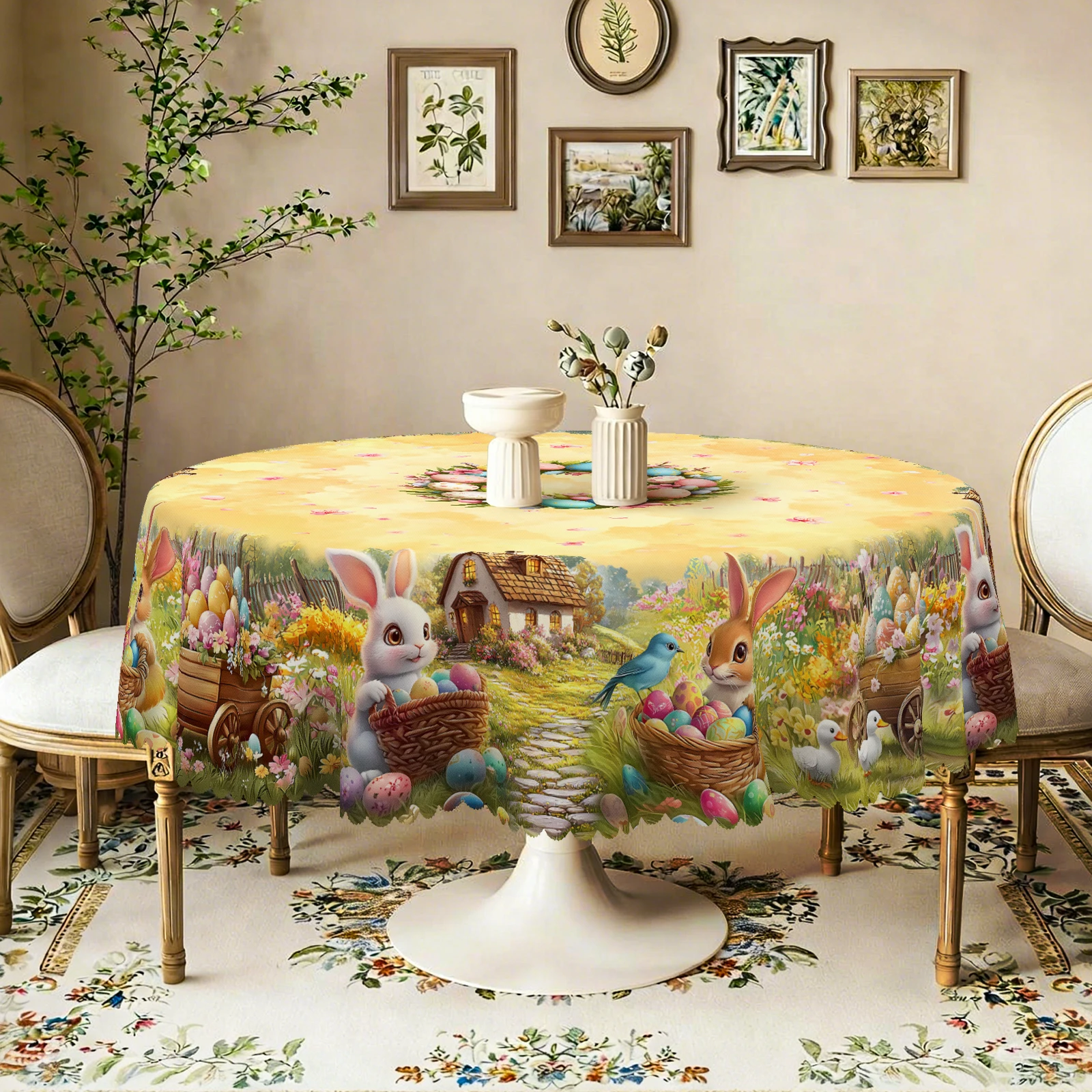 Mantel de estilo de cuento de hadas, lindos conejillos, patos, flores de cerezo, margaritas y otros patrones florales, patrones de impresión de corona, impermeables, resistentes al desbotado,