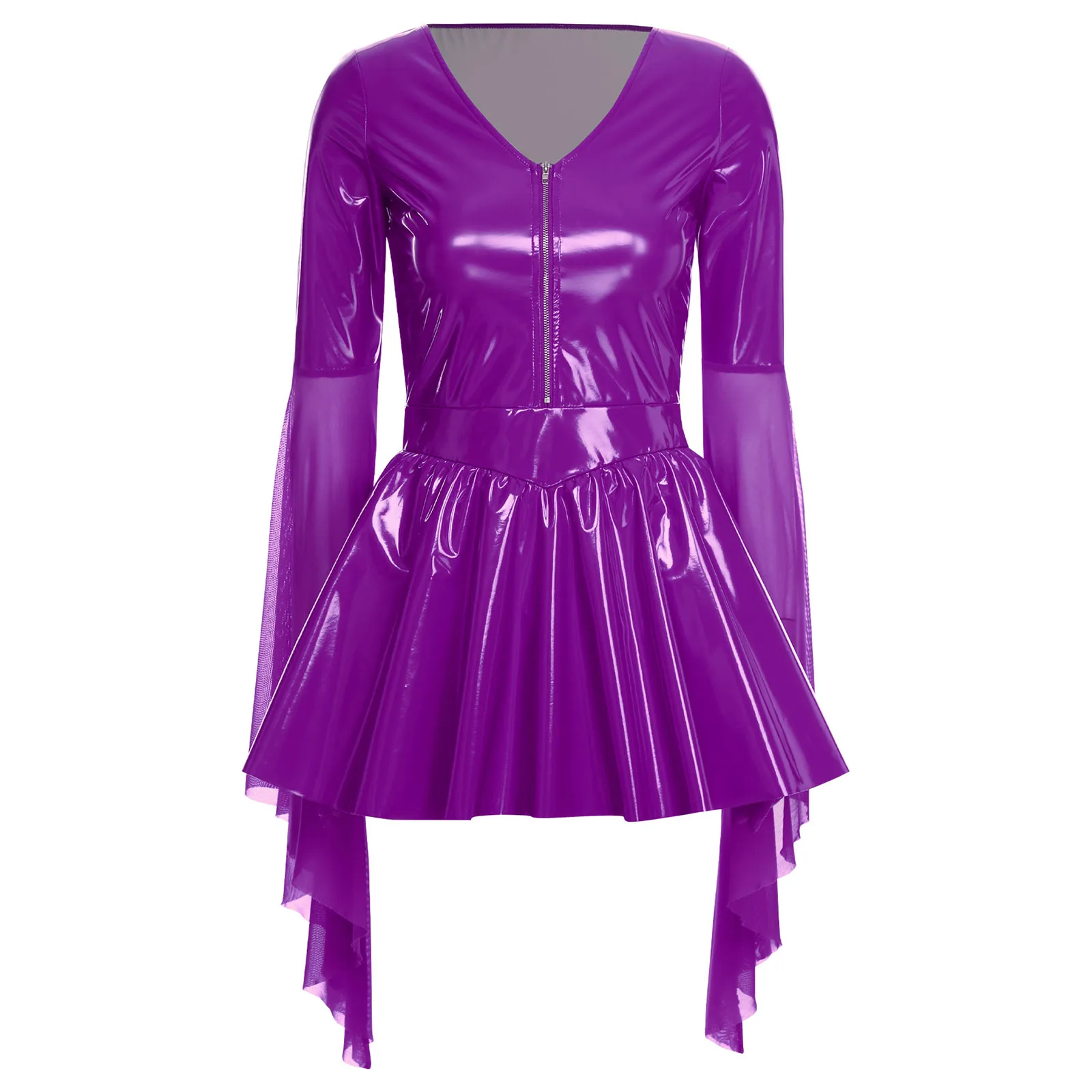 

Women Latex Punk Dress Deep V Neck Mesh Long Sleeves Mini Dress Shiny Faux Leather Dress Halloween Costume Party Club Wear