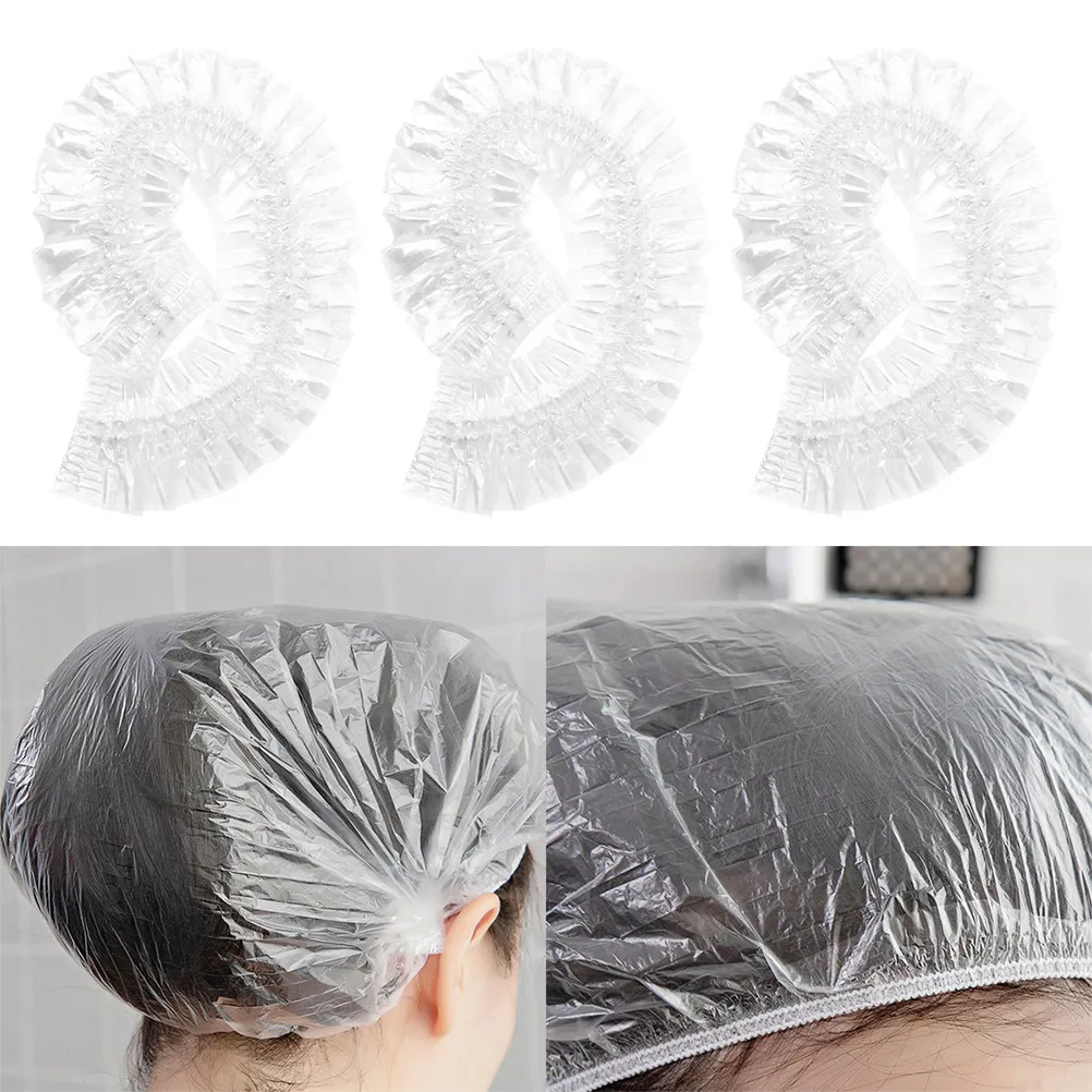 

100 шт. прозрачных водонепроницаемых шапочек для волос, эластичные пластиковые шапочки для душа, многоразовые для спа-салонов, отелей, путешествий