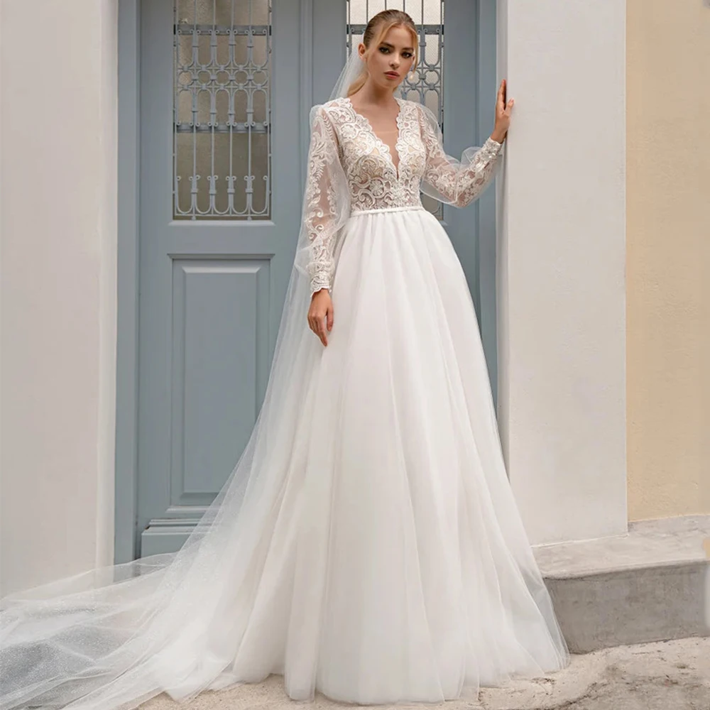 

Exquisite Applique Tulle Wedding Dress Classic A-Line Floor Length with Belt Illusion Long Sleeve Bride Marry Customized Gowns