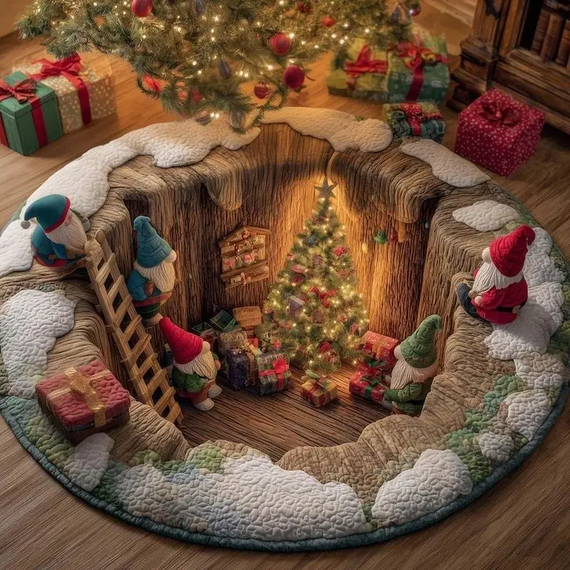 VIKAMA Christmas Flannel Round Rug Tree Stump Gnomes Gifts Soft Warm Area Carpet for Bedroom Living Room Holiday Decor