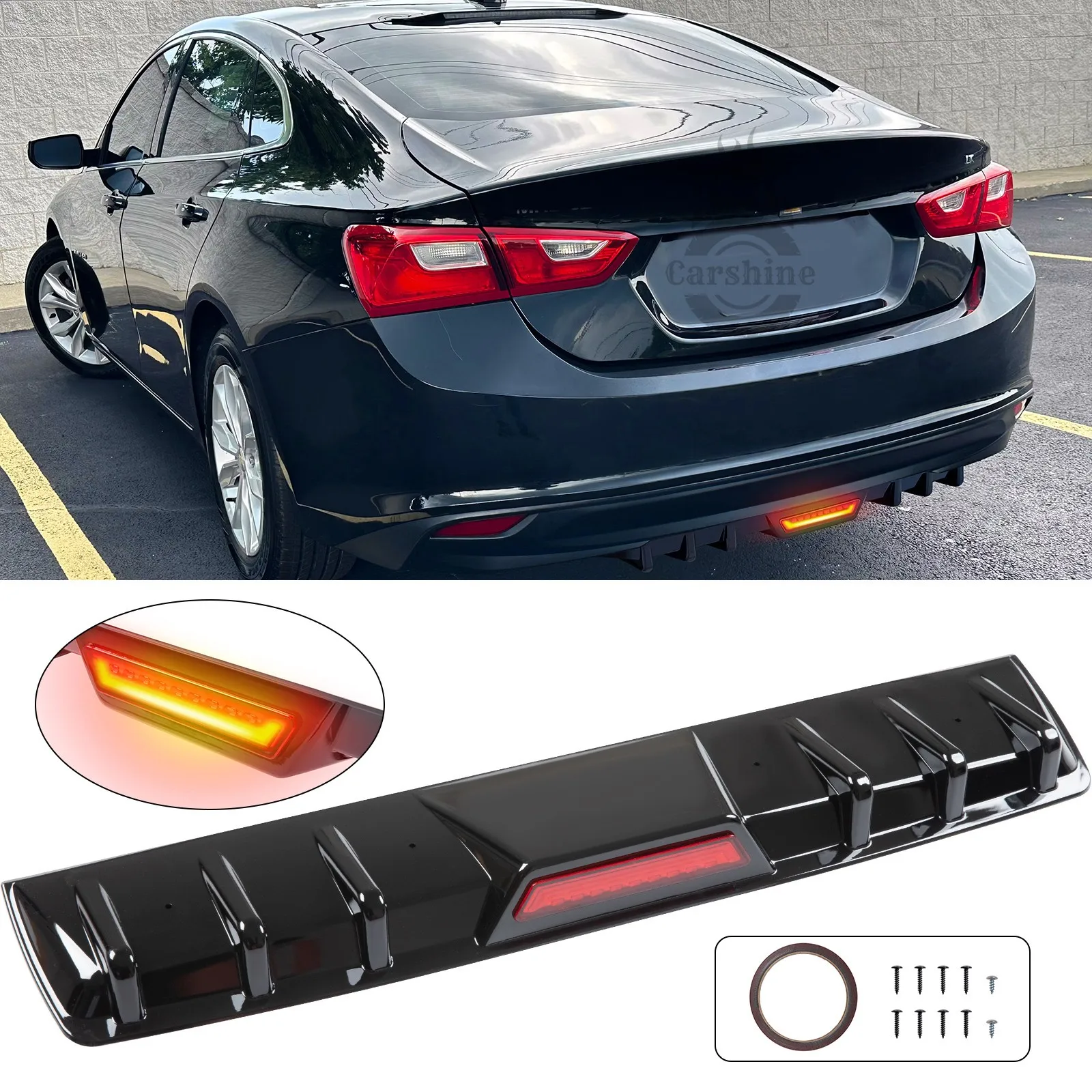 

Glossy Black Rear Lower Bumper Shark Fins Lip Body Kits w/Light For Chevy Malibu