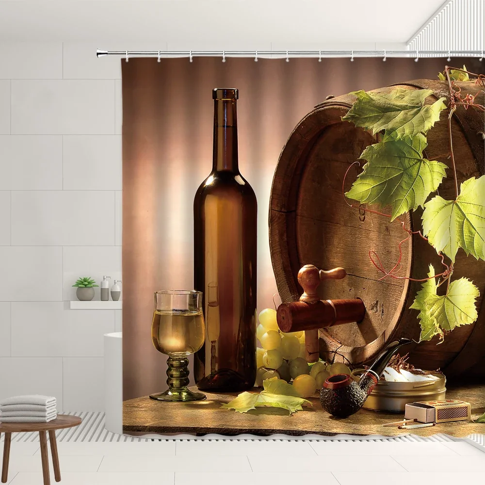 Wooden Wine Barrel Shower Curtain Old Retro Wood Grain Red wine glass Green Leaves Curtains Set With Hook Bathroom Bathtub Decor