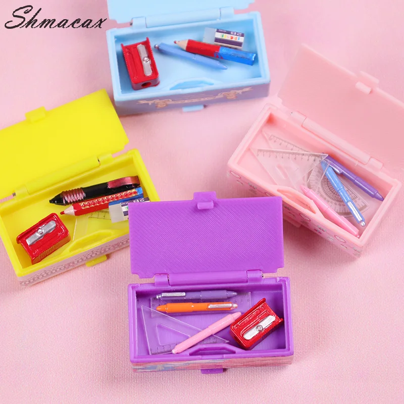 Dollhouse Miniature Stationery Pencil Case, Caixa Organizadora, Modelo Simulação Cena Acessórios, Brinquedos para crianças