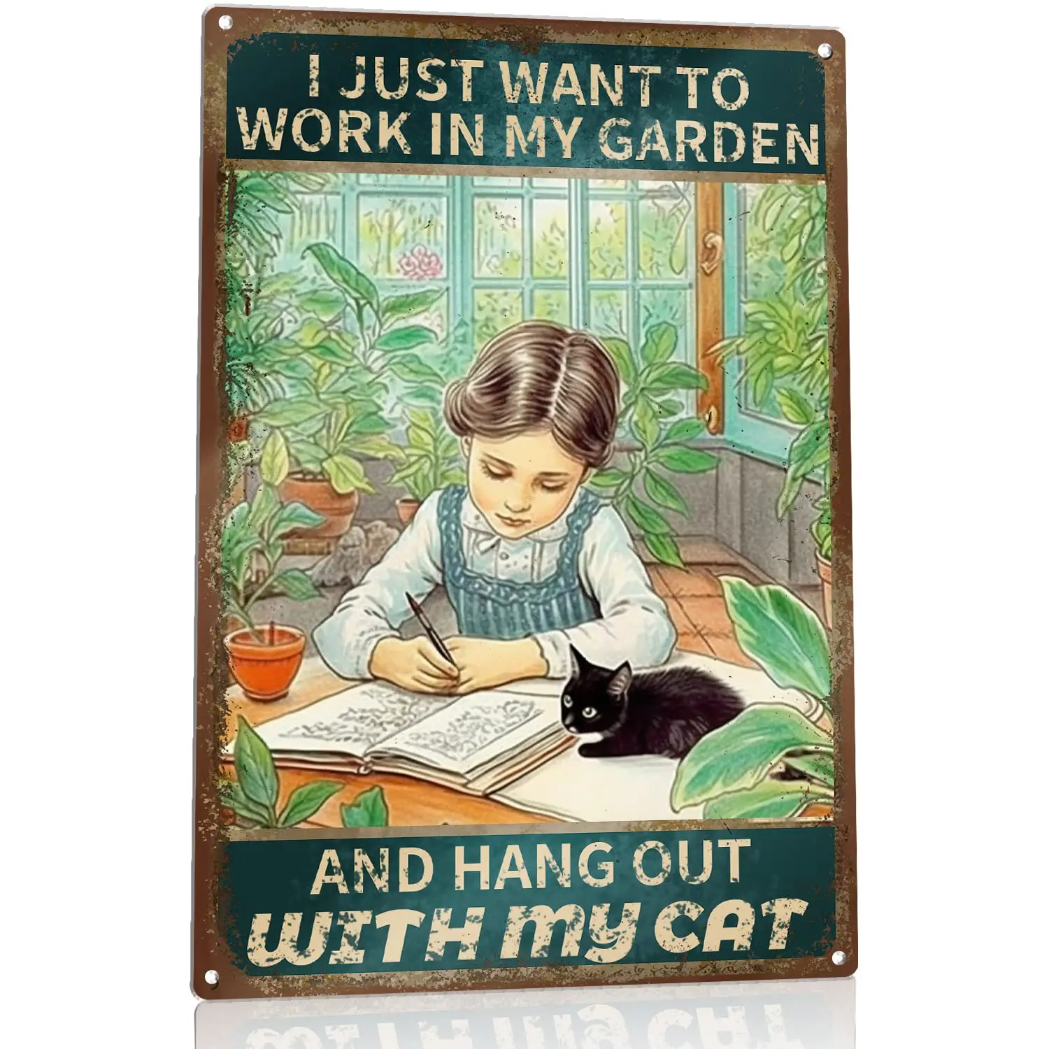 Find Your Happiness in Gardening and Feline Company with Rustic Retro Metal Tin Sign - 'I Just Want to Work in My Garden and