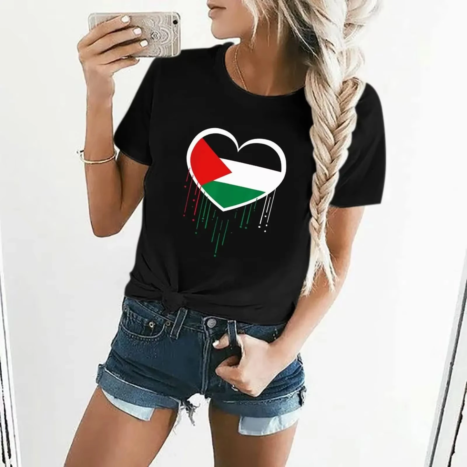 Bandeira da palestina orgulhoso herança palestino coração premium impressão t camisa gráfica casual manga curta camiseta feminina