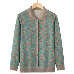 Cárdigan de manga larga con solapa para madre de mediana edad, suéteres estampados Vintage, camisa de fondo, Chaqueta de punto para abuela, novedad