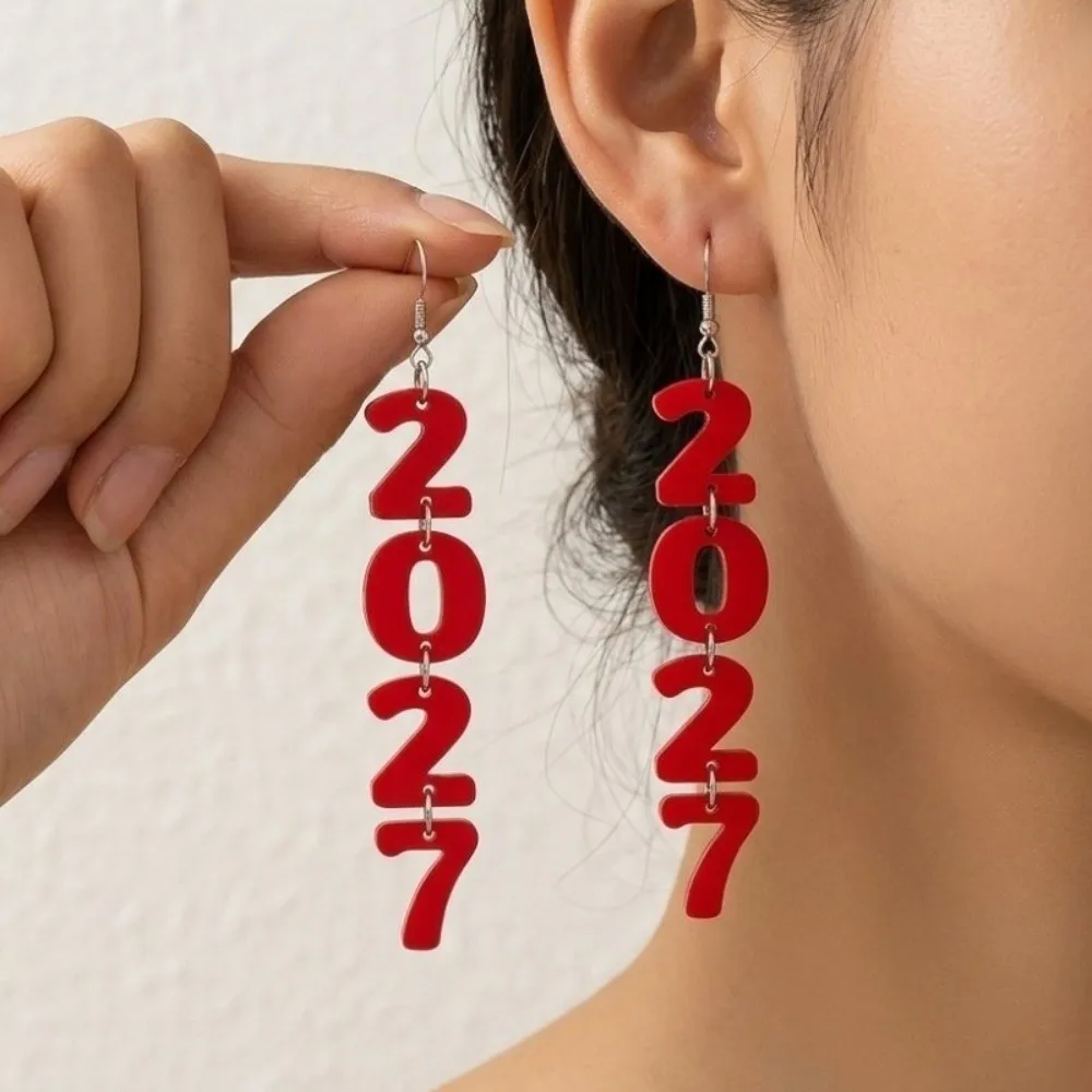 Fashion 2027 Digital Earrings Welcome a New Beginning Bohemian Style Happy New Year Earrings Long Drop Wood Stud Earrings