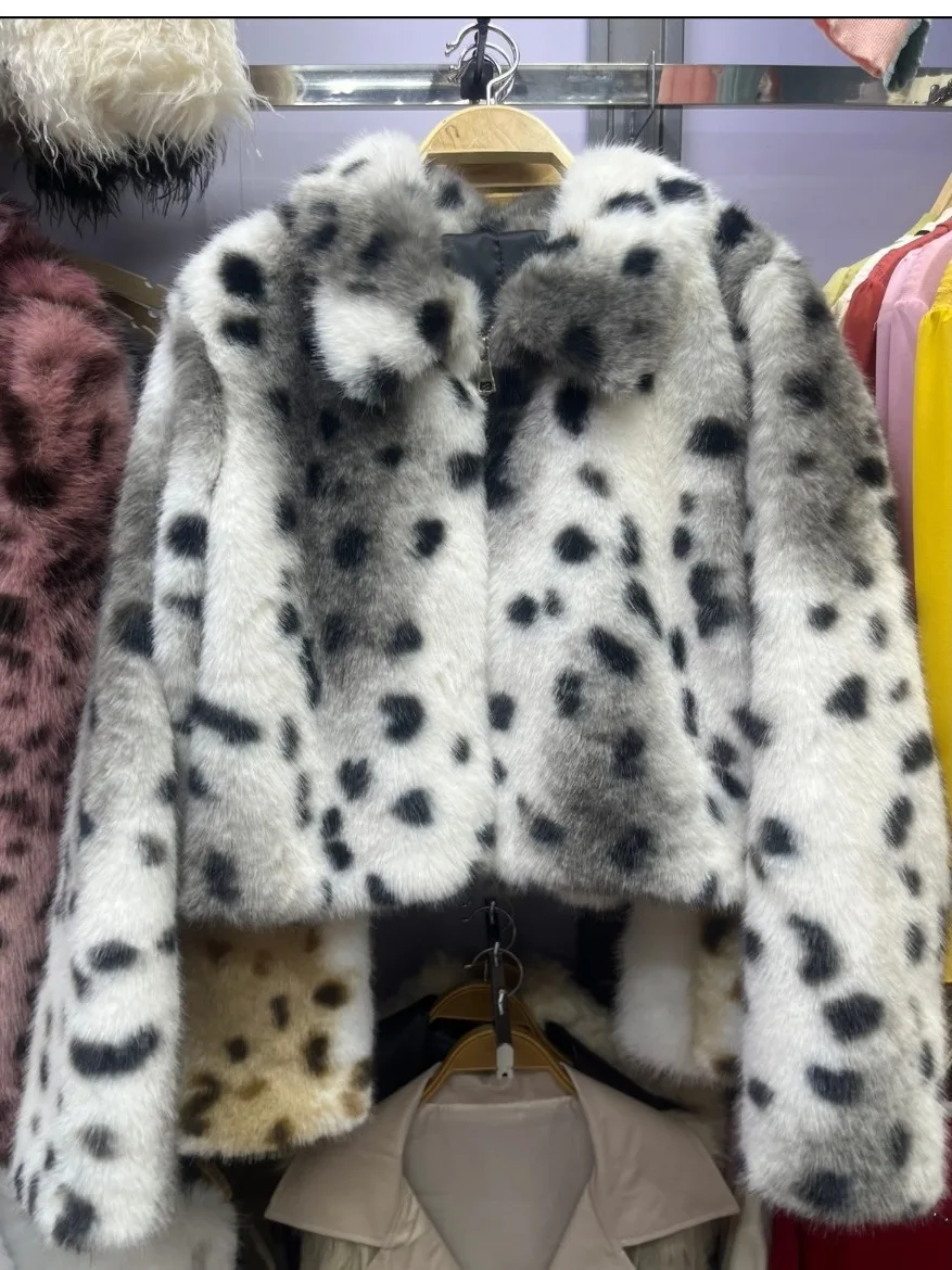 

Faionable Loose Leopard Print Faux Fur Jaet Women's Ele Lightweight Luxury Warm Top Trendy ort Korean Sle