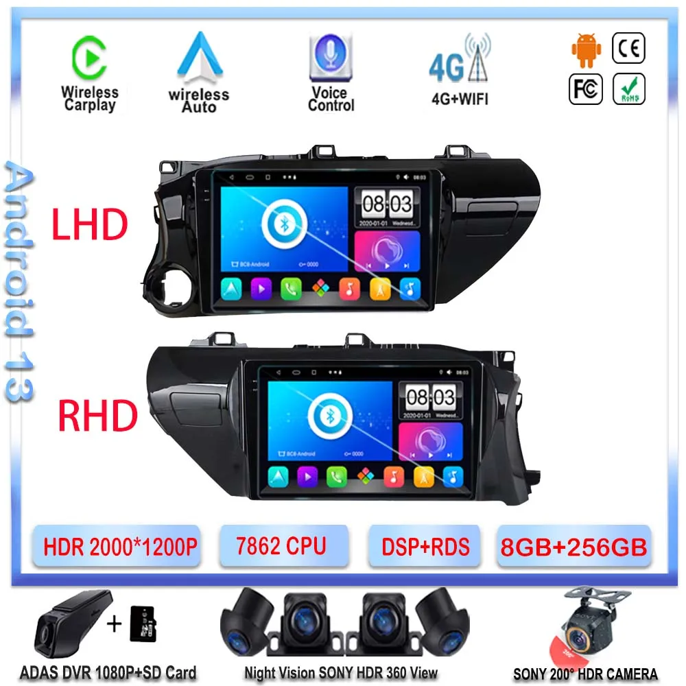 7862 CPU Android 13 for Toyota Hilux Pick Up AN120 2015 - 2020 LHD/RHD DVD Radio GPS Navigation Stereo Multimedia Player 2din BT