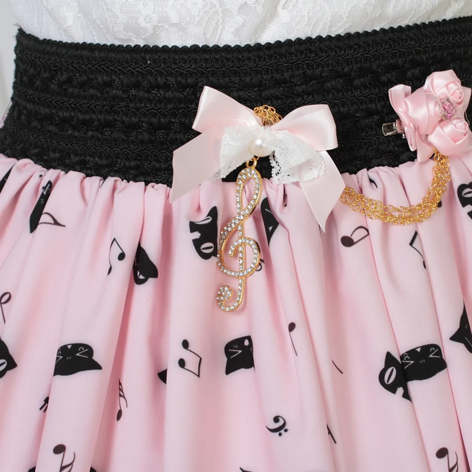 Kawaii Sweet Girl Pink Polyester Lace Piano Keybord Printed Lolita Skirt pink skirt