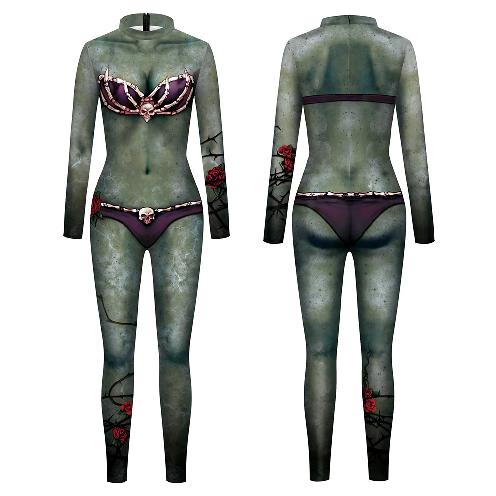 Zombies Jumpsuit Green Halloween Cosplay Costume 3D Printing Bodysuit Women Carnival Catsuit Party Zentai Suit Sexy Rompers