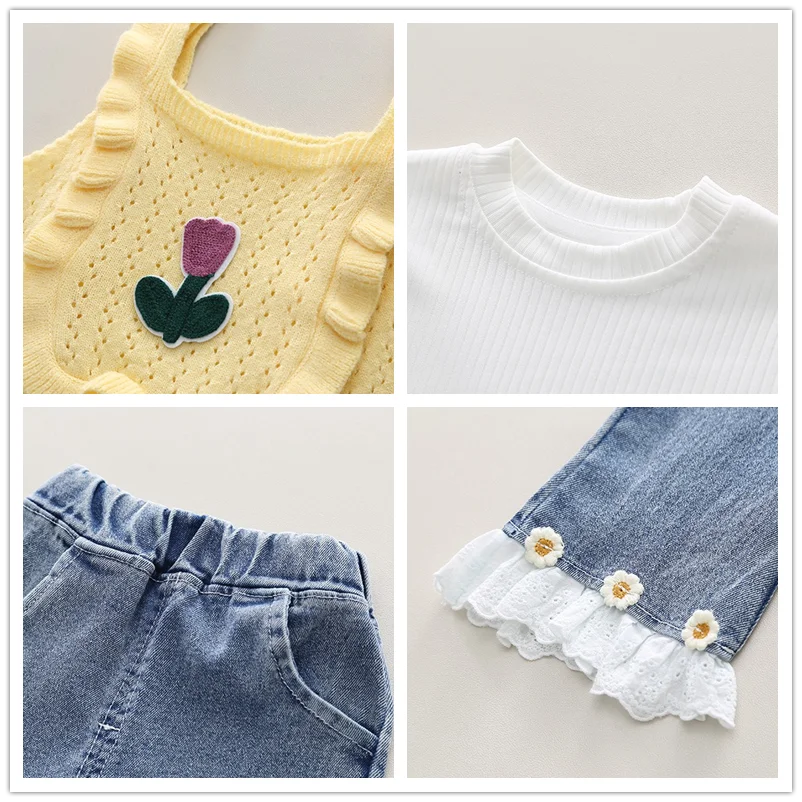 Baby Girls Clothing Sets Spring Children Knitted Vest Bubble Sleeve T-shirt Jeans Infant Floral Princess Clothes Kids Outfits