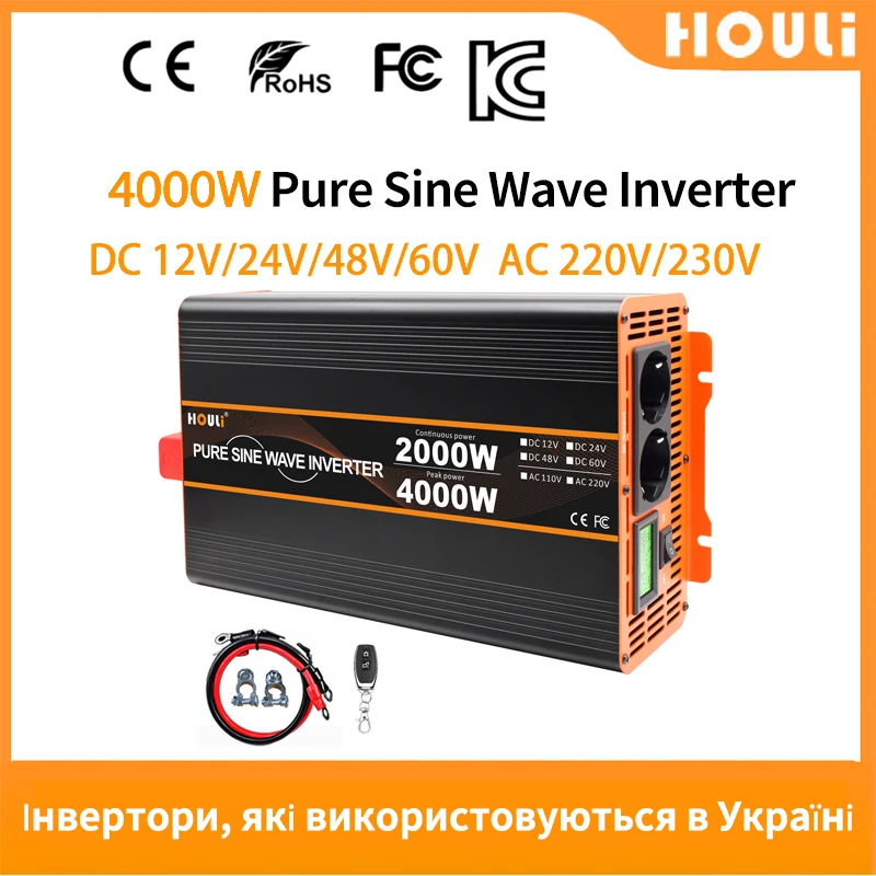 4000W 5000W Inverter 12V 220V 24V Dc To 220V AC Pure Sine Wave Voltage Converter 12 220 Power Car Micro Inverter LCD