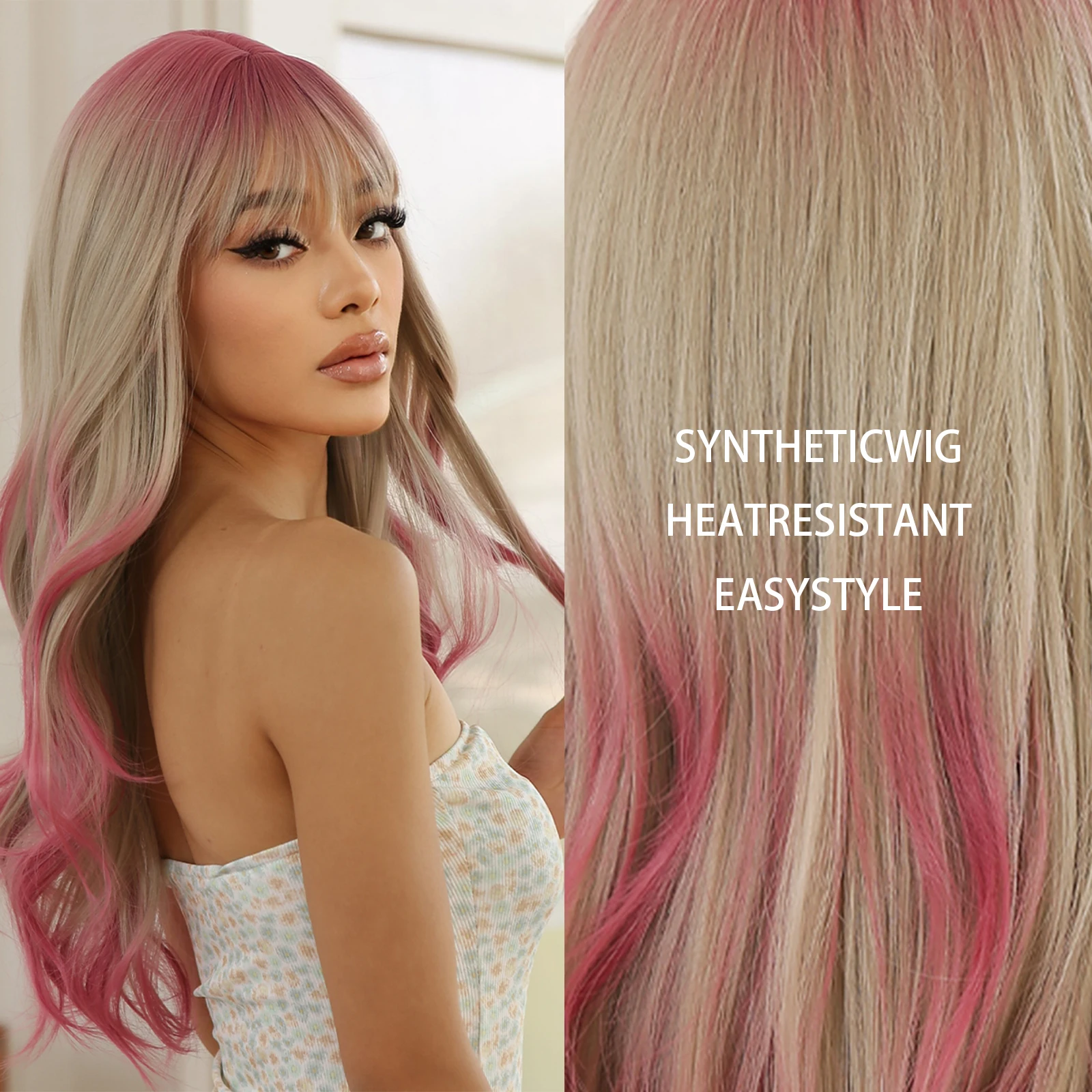 Ash Blonde Ombre Pink Long Wavy Wig Synthetic Natural Wave 