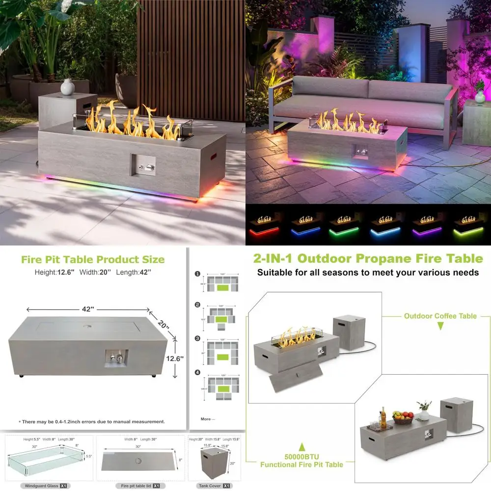 

Стол для уличной пропановой костра со светодиодной подсветкой RGB, 50 000 БТЕ, защита от ветра, крышкой, камнями и крышкой для использования на патио