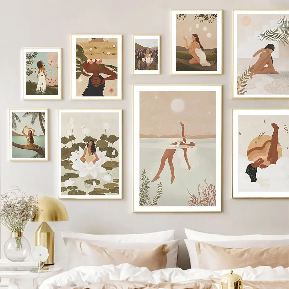 Boho African Girl Divination Swimming Yoga Vintage Wall Art Print Canvas Painting Nordic Poster Pictures For Living Room Deco