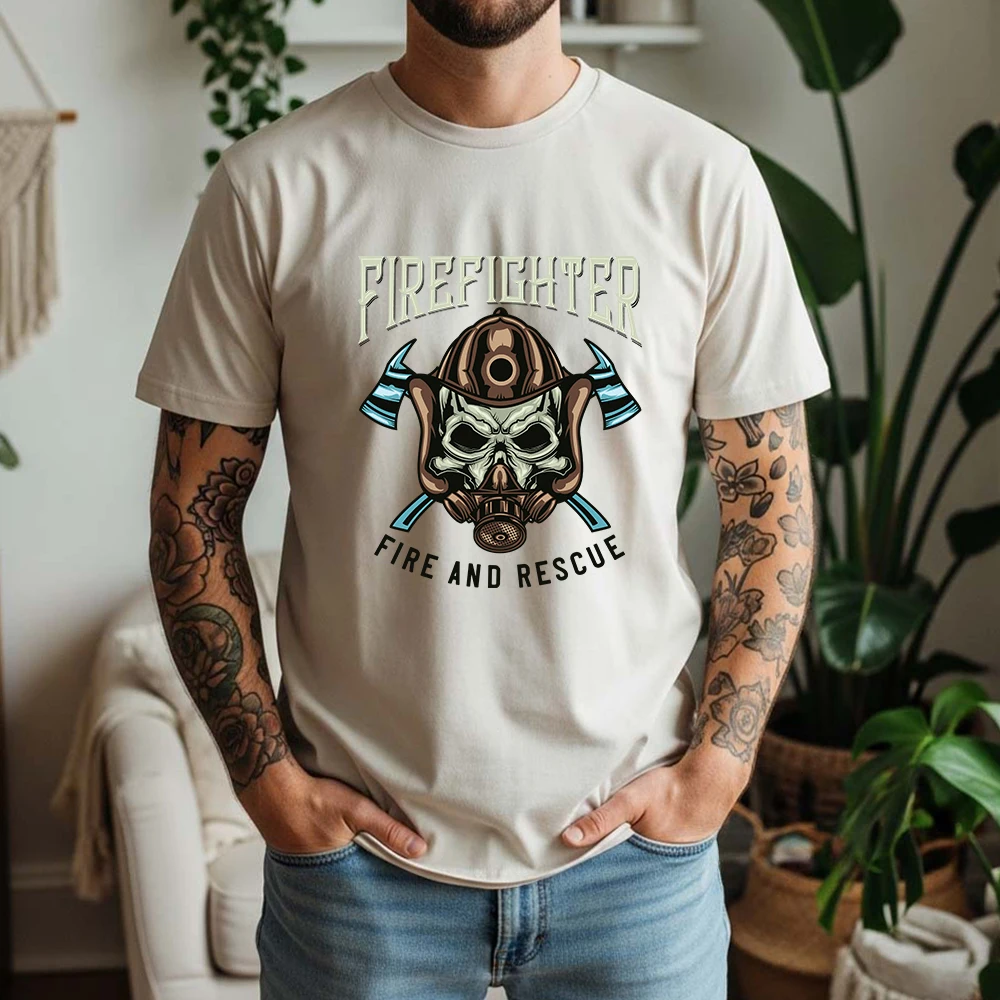 2026 New Summer Mens Soft Cotton Short Sleeve Tee Fire Rescue Skull Axe Graphic Tactical Casual Style