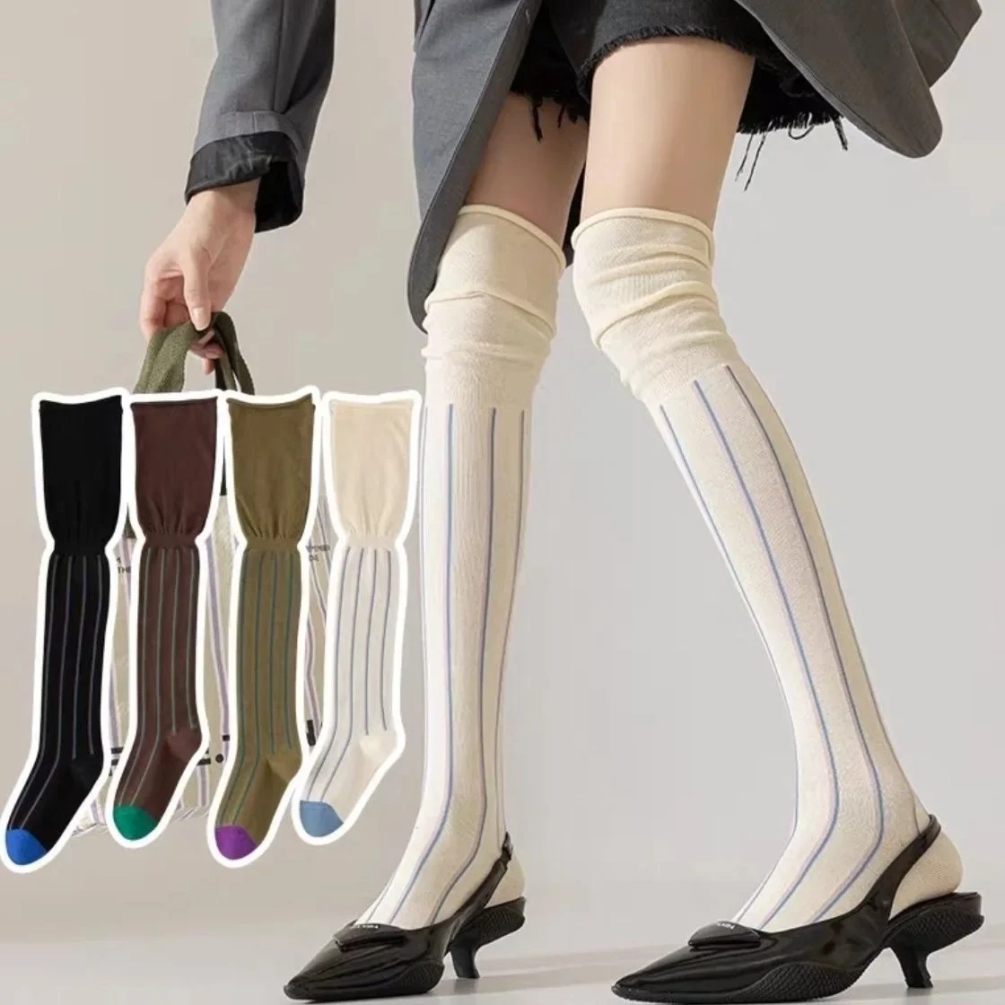 Autumn/Winter Women's socks With Thigh High Socks Vertical Stripes Loose Mouth Fashionable Ins Pure Cotton Knee Length Stockings