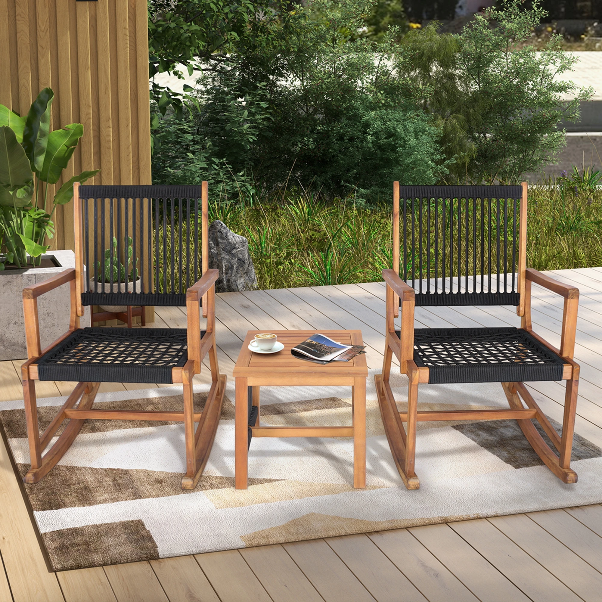 3pcs Patio Acacia Wood Bistro Table Rocking Chair Set All-Weather Rope Outdoor