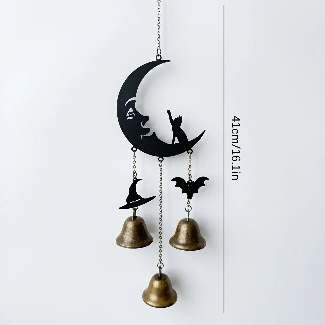 1pc Dark Gothic Moon Cat-Shaped Metal Wind Chime, Halloween-Themed Bat and Witch Hat Decorative Hanging Ornament,Room Decoration