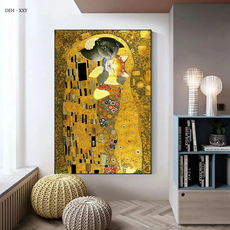 The Kiss By Gustav Klimt Creativity Art Canvas Painting Lover Two Cats Kissing Poster Abstract Wall Art Pictures Room Home Decor