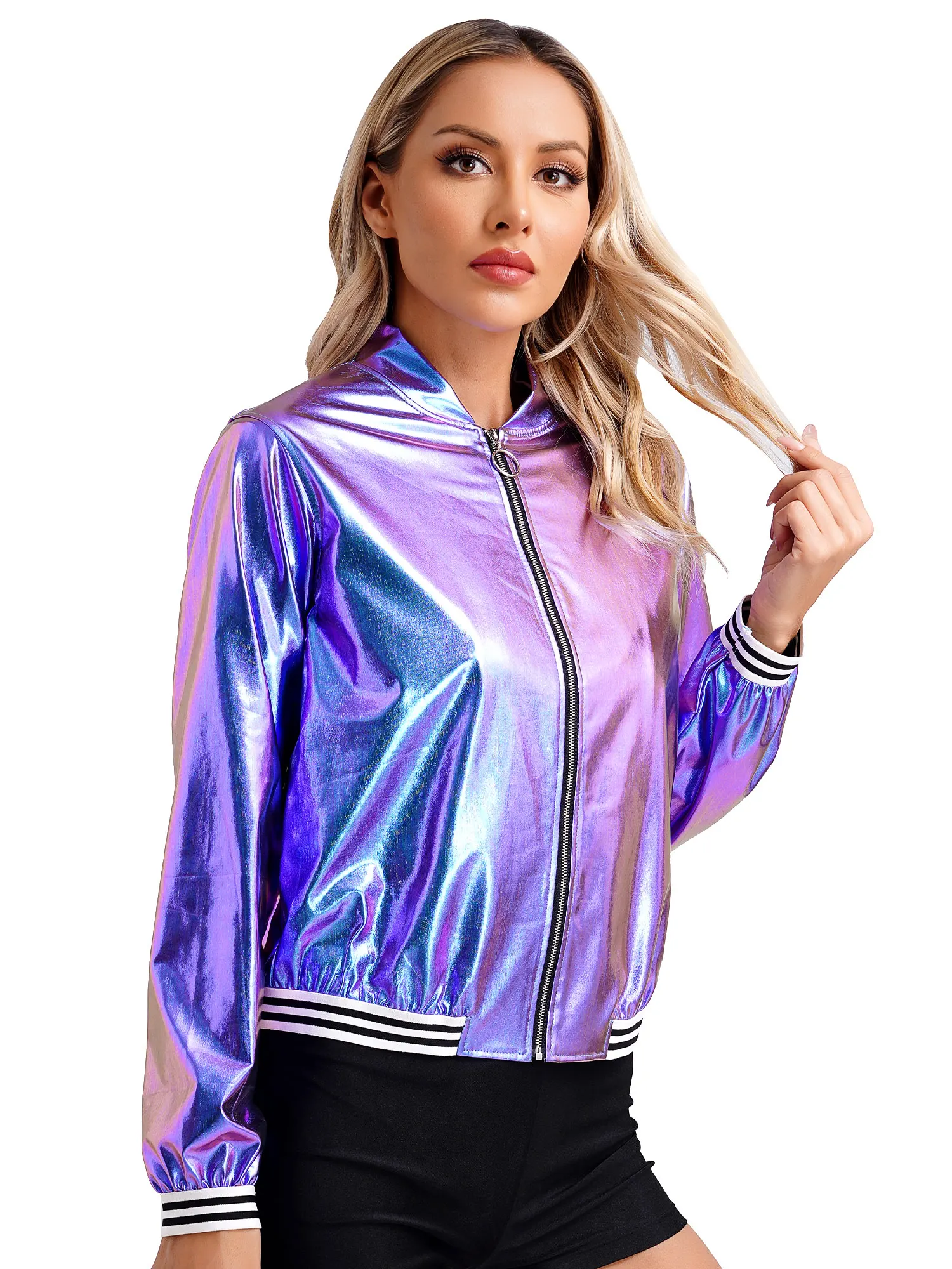 2023 Womens Holographic Metallic Shiny Bomber Jacket Casual Long Sleeve Front Zipper Striped Band Outerwear Baseball Jacket Coat