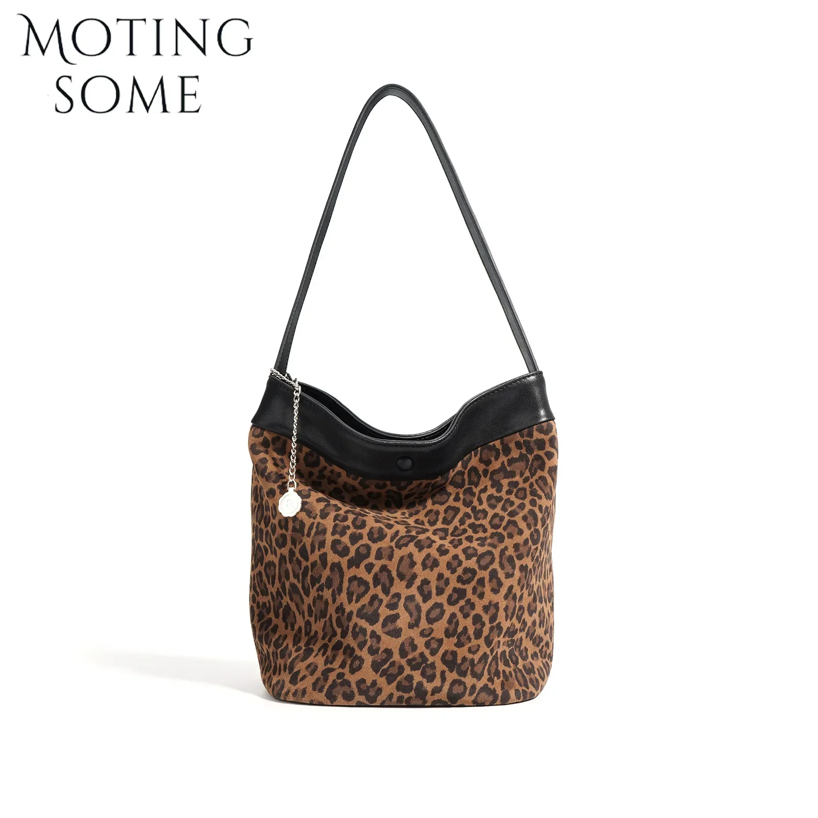 Motingsome Leopard Print Suede Leather Handbag Fashion Women Handbag and Purses 2024 New Luxury Horsehair Bucket Casual Tote