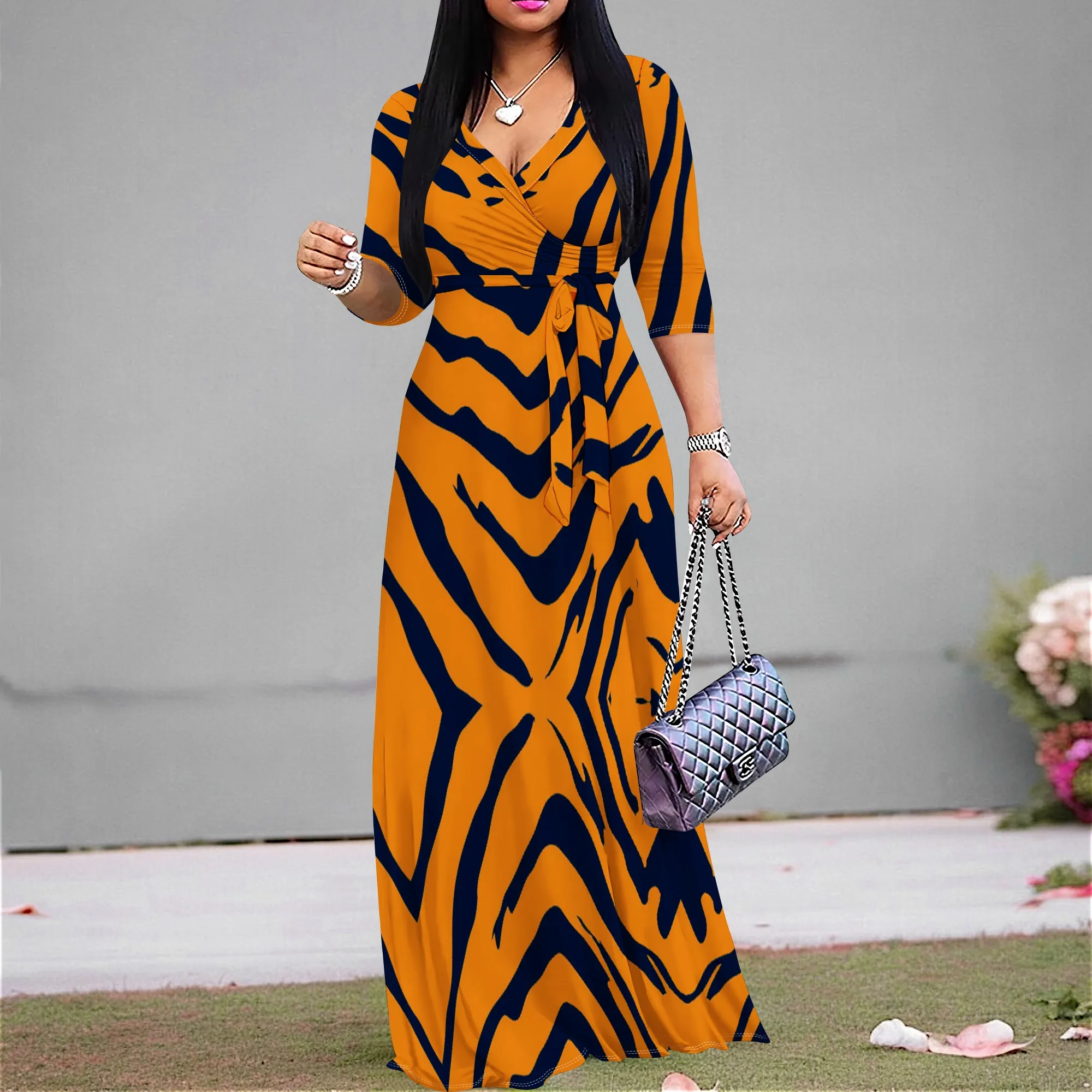 

Orange Tiger Print Maxi Dress S-3XL Wrap V-Neck Style with Tie Waist Half Sleeves for Afro Streetwear, Festival or Safari