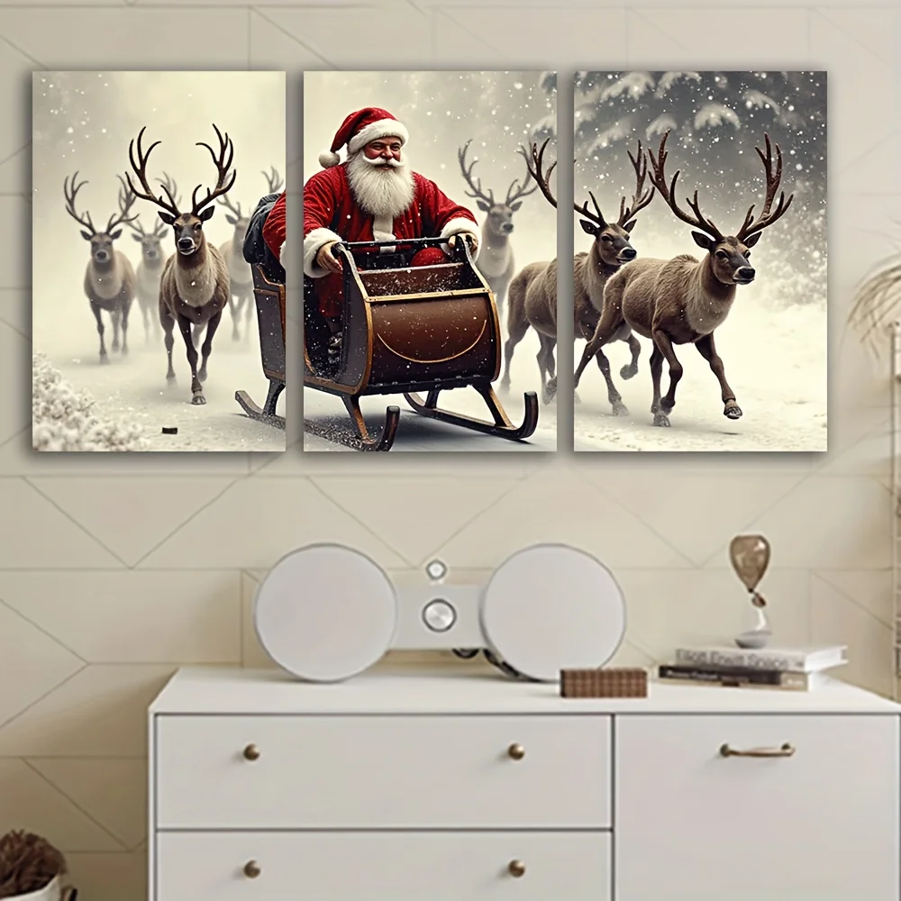 [JIT] 3 قطع، لوحة قماشية - بدون إطار، ركوب سانتا كلوز، ملصقات ومطبوعات، مكتب، غرفة المعيشة، غرفة، بار، هدايا الحفلات، عيد الميلاد