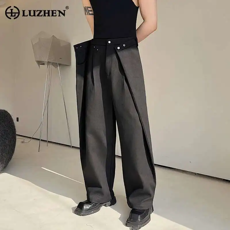 Luzhen moda elegante retalhos ruched calças casuais masculinas 2025 cor sólida na moda em linha reta solta perna larga terno calças lz1611
