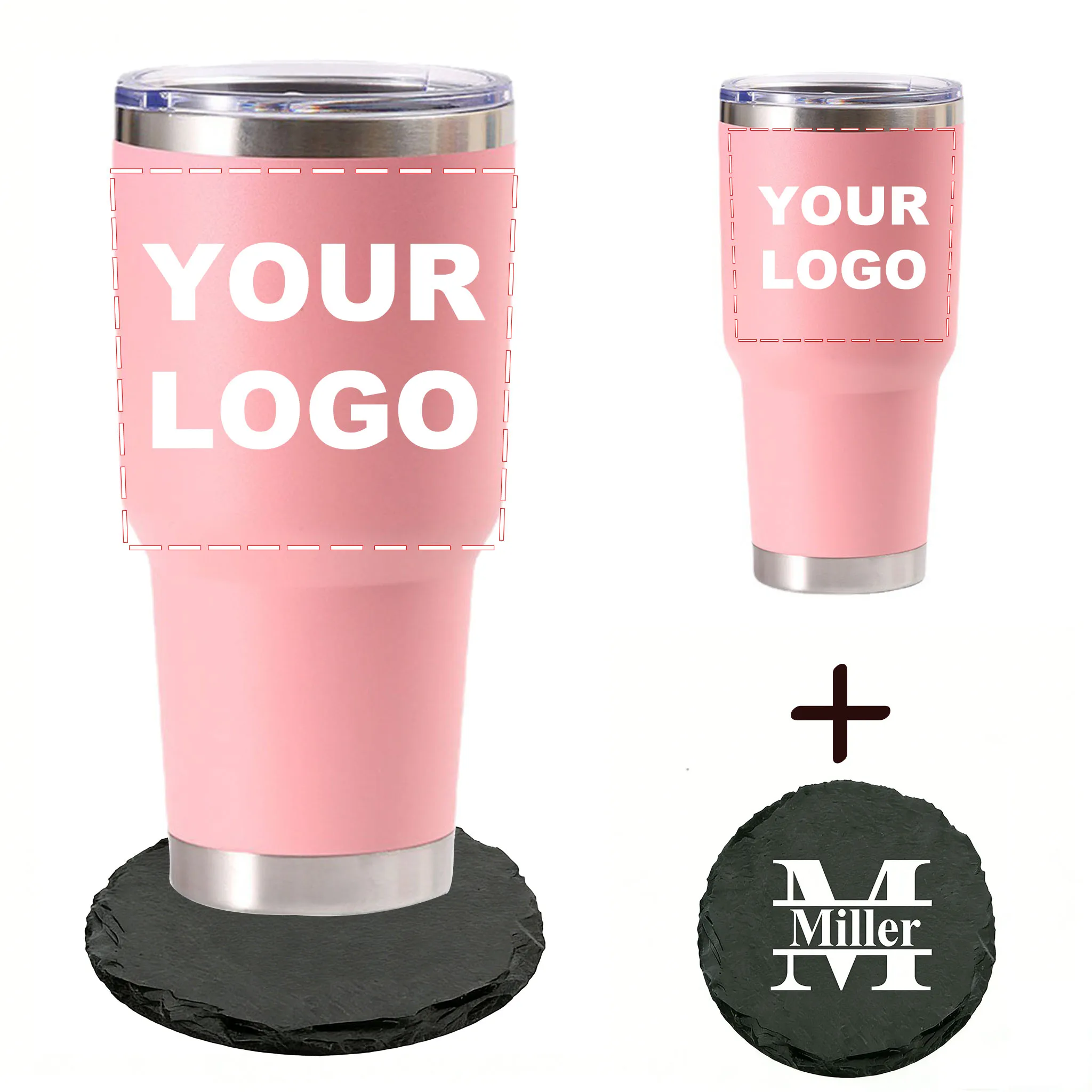 30oz Personalized Name Travel Mug Stainless Steel Insulated Tumbler WIth Laser Engraving Round Slate Drink Coasters