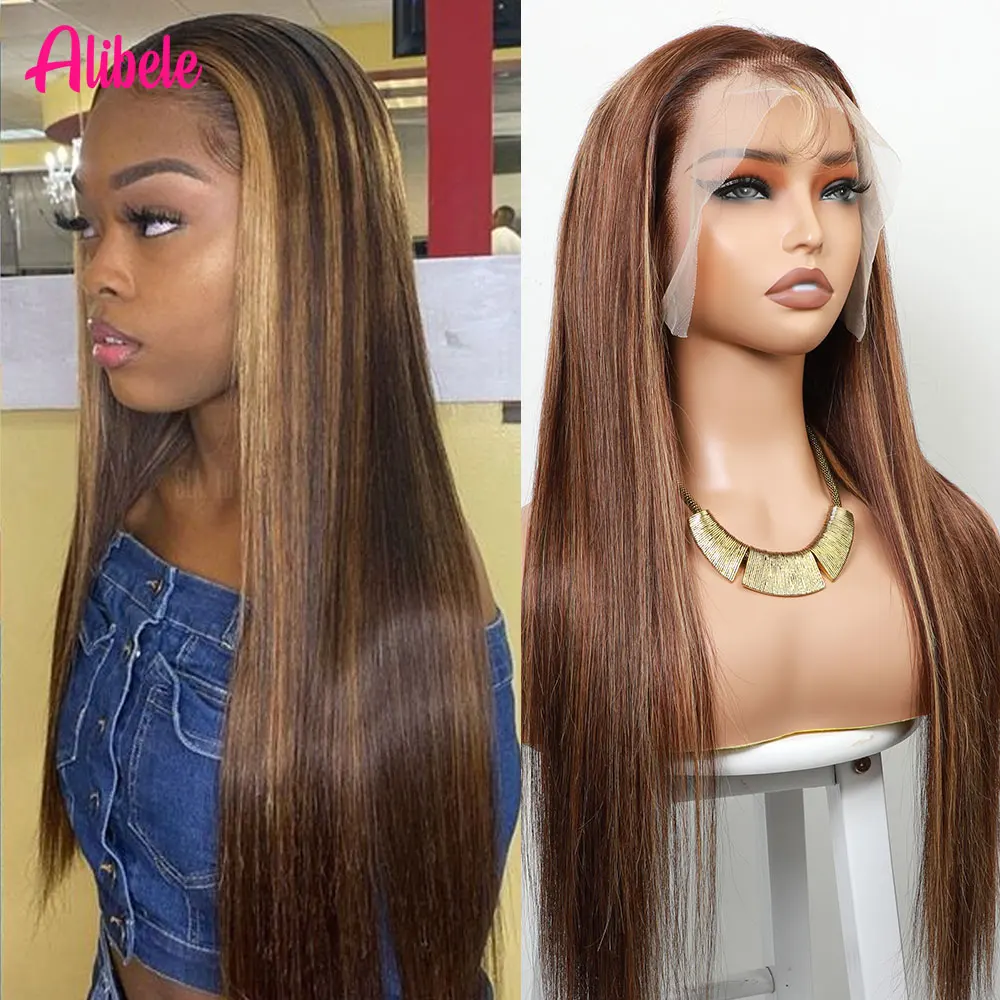 

Highlight Lace Frontal Wig 13x4 Transparent Lace Front Wig Alibele P4/27 Human Hair For Women Ombre Colored Wig 12A Remy 30 Inch