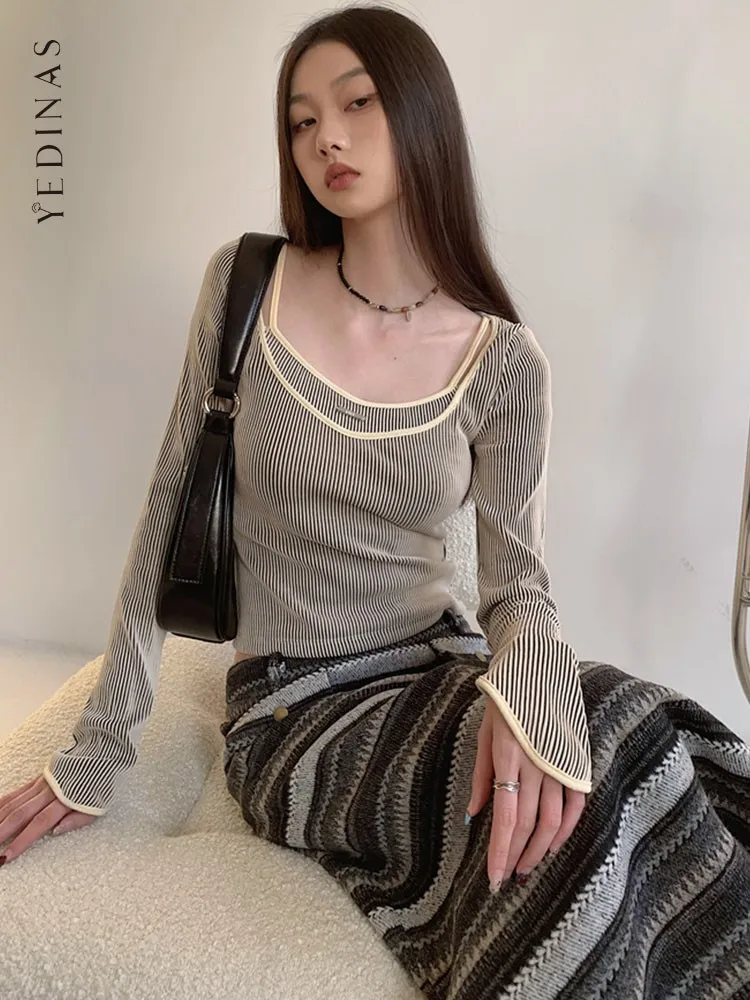 Yedinas Long Sleeve Striped Harajuku T-shirt Women Fake Two Pieces Tops Y2k Vintage T Shirt Grunge Aesthetic Korean Style Tops