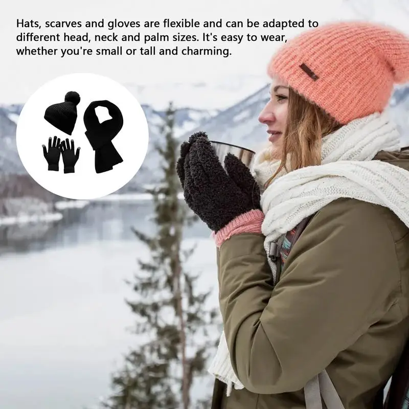 Winter Beanie Hat Scarf Gloves Outdoor Thick Warm Woolen Hat Set Stocking Stuffers For Women Hat Scarf Gloves Headband Set For