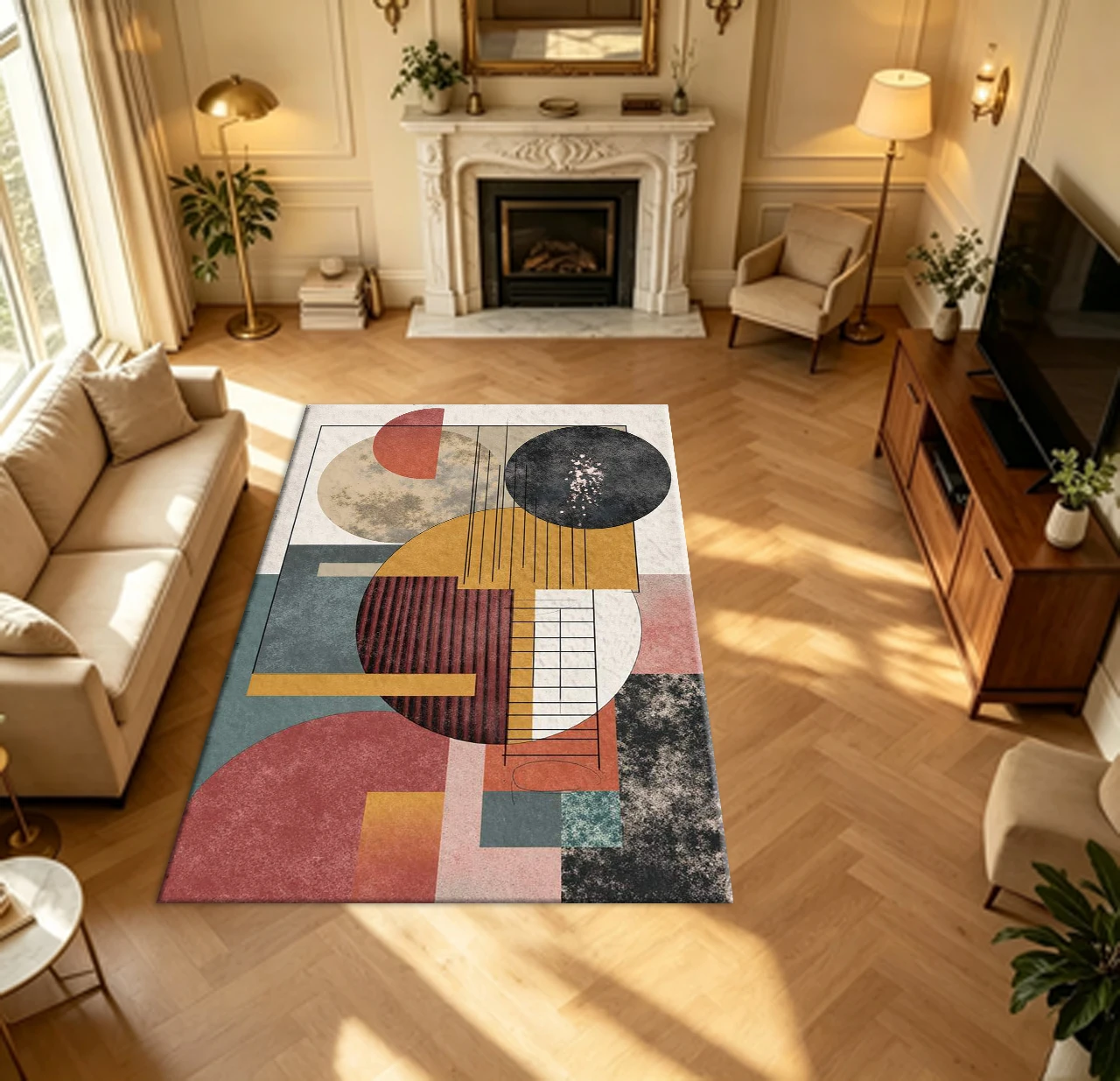 Mid Century Modern Abstract Geometric Carpet Flooring Retro Terracotta Mustard Black Shapes Household Indoor Decor Area Rug