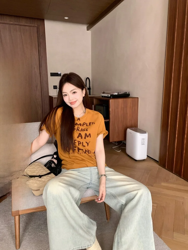 

Летняя повседневная футболка с буквенным принтом ort Sve, женская футболка свободного покроя из смеси хлопка и полиэстера в американском стиле