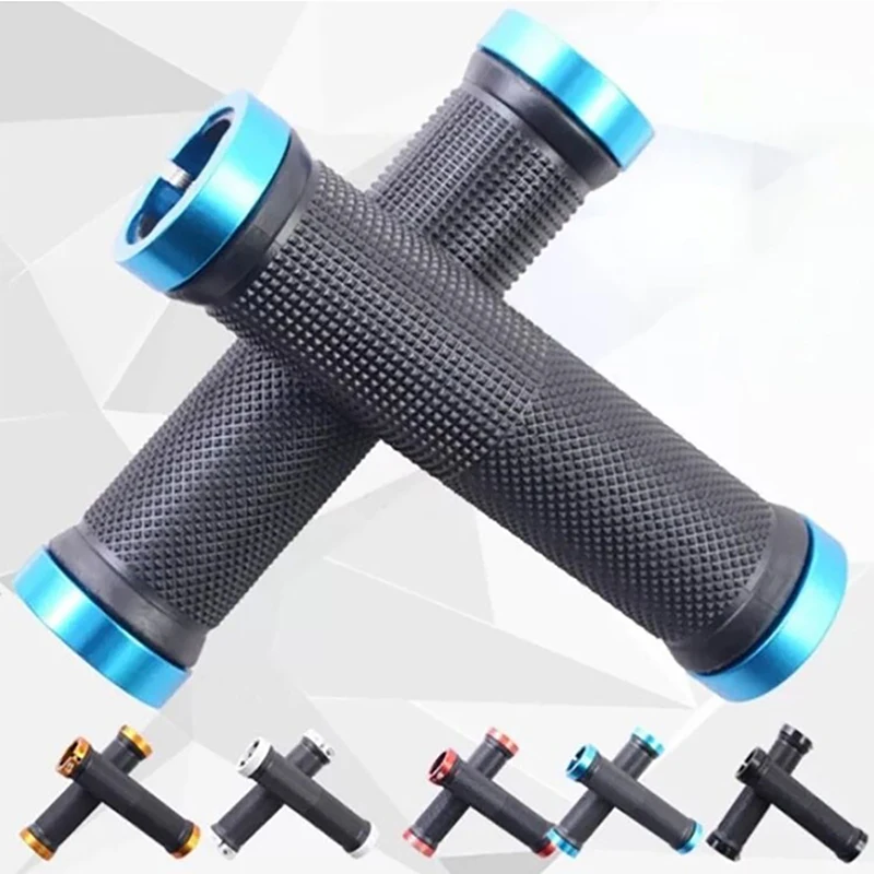 PE Rubber MTB Grips Alloy Cuffs Bilateral Lock Bicycle Handle Grip Anti-skid Cycling Handlebar Sleeve BMX Bike Accessories